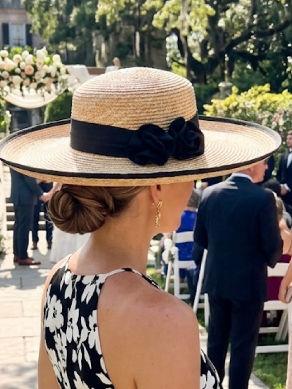 Panama Jack Tan Wide Brim Straw Sun Hat with Black Band with Flower Accent NWOT